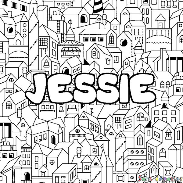 Coloriage pr&eacute;nom JESSIE - d&eacute;cor Ville