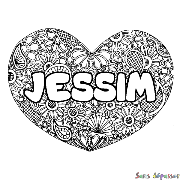 Coloriage pr&eacute;nom JESSIM - d&eacute;cor Mandala coeur