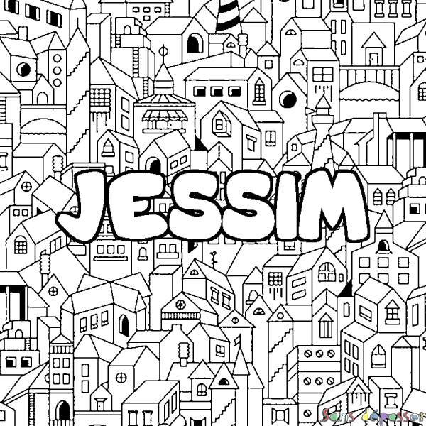 Coloriage pr&eacute;nom JESSIM - d&eacute;cor Ville