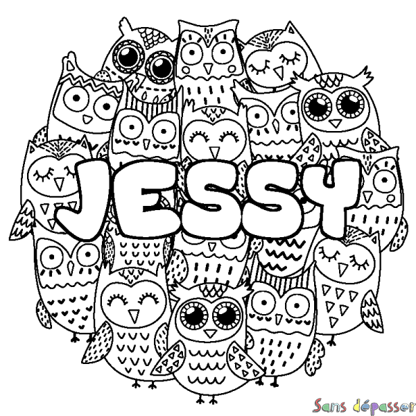 Coloriage pr&eacute;nom JESSY - d&eacute;cor Chouettes
