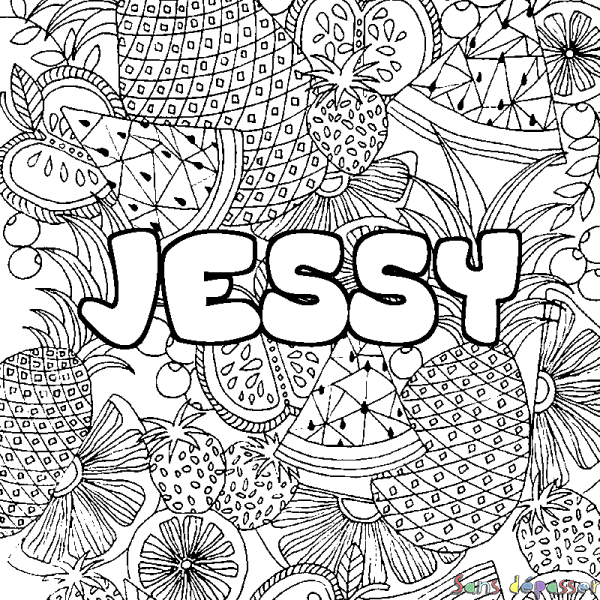 Coloriage pr&eacute;nom JESSY - d&eacute;cor Mandala fruits