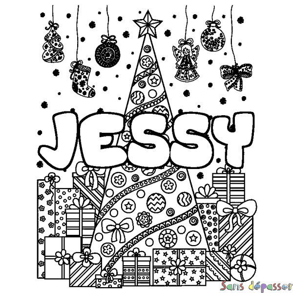 Coloriage pr&eacute;nom JESSY - d&eacute;cor Sapin et Cadeaux