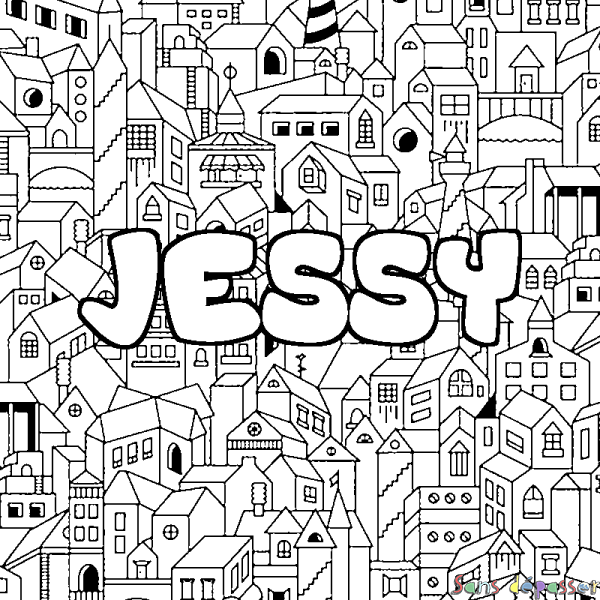Coloriage pr&eacute;nom JESSY - d&eacute;cor Ville