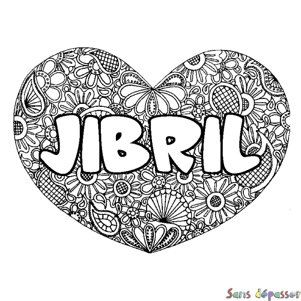Coloriage prénom JIBRIL - d&eacute;cor Mandala coeur