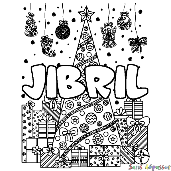Coloriage prénom JIBRIL - d&eacute;cor Sapin et Cadeaux