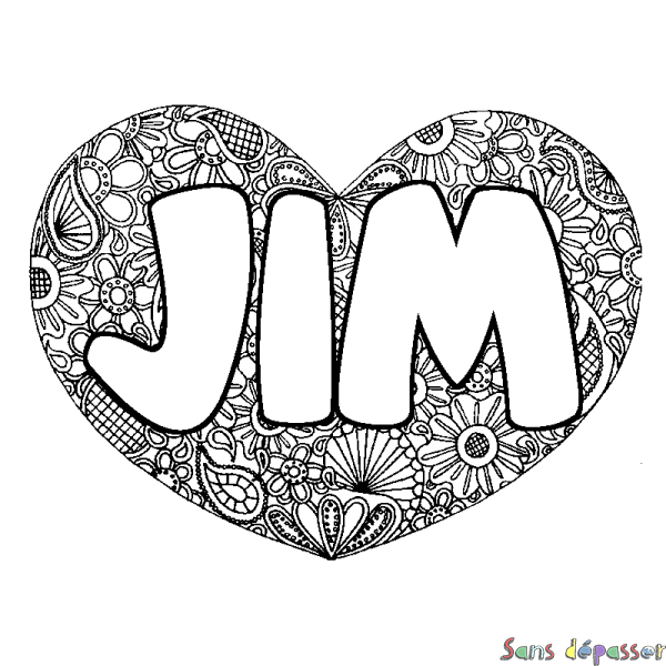 Coloriage prénom JIM - d&eacute;cor Mandala coeur