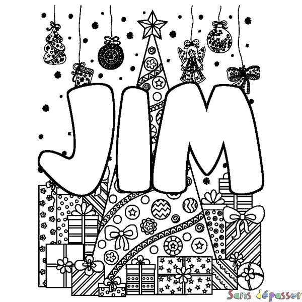 Coloriage prénom JIM - d&eacute;cor Sapin et Cadeaux