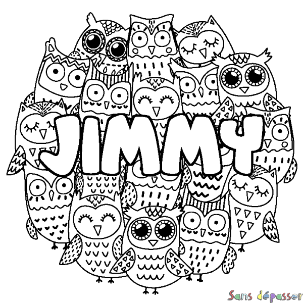 Coloriage pr&eacute;nom JIMMY - d&eacute;cor Chouettes