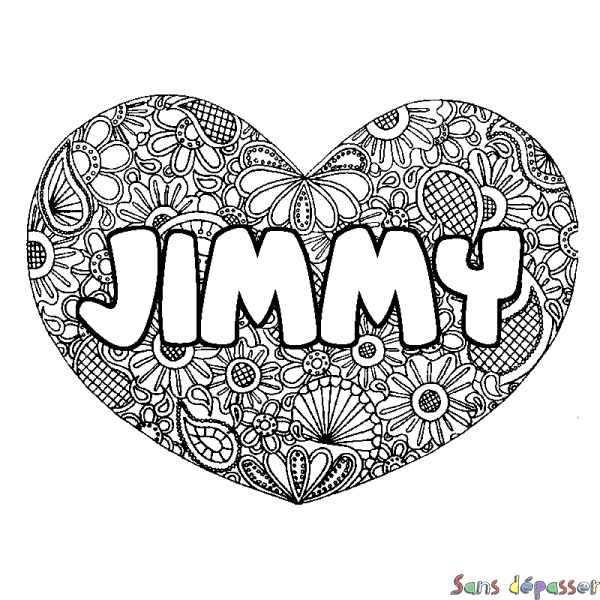 Coloriage pr&eacute;nom JIMMY - d&eacute;cor Mandala coeur
