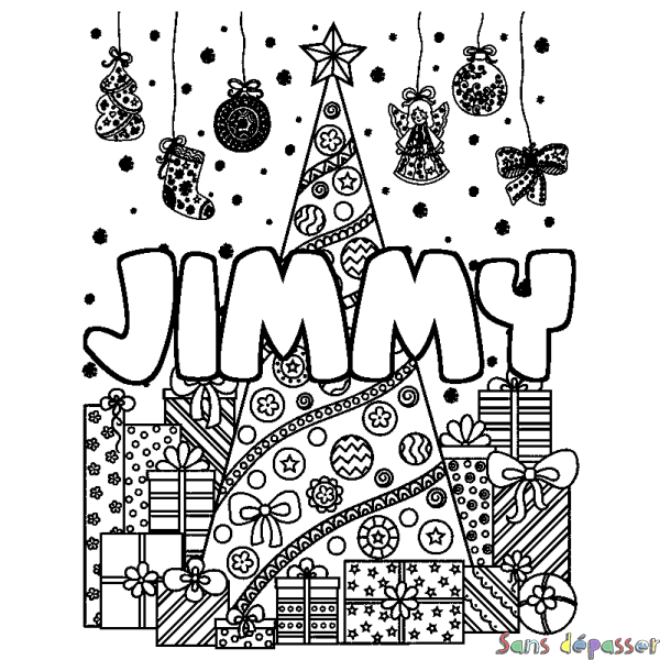 Coloriage prénom JIMMY - d&eacute;cor Sapin et Cadeaux