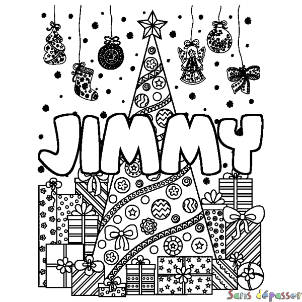 Coloriage pr&eacute;nom JIMMY - d&eacute;cor Sapin et Cadeaux