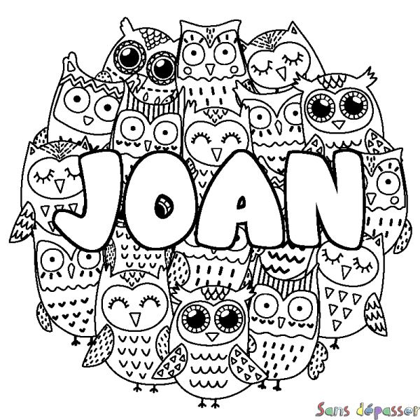 Coloriage pr&eacute;nom JOAN - d&eacute;cor Chouettes