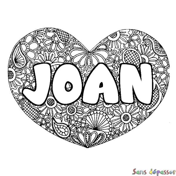 Coloriage pr&eacute;nom JOAN - d&eacute;cor Mandala coeur