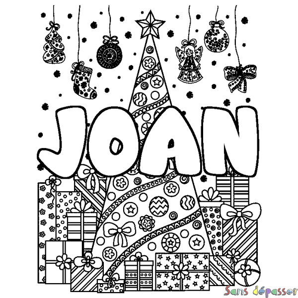 Coloriage pr&eacute;nom JOAN - d&eacute;cor Sapin et Cadeaux