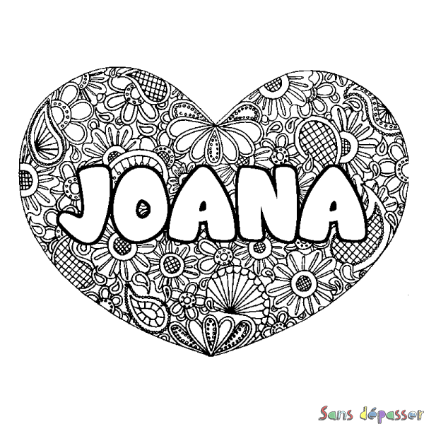Coloriage prénom JOANA - d&eacute;cor Mandala coeur