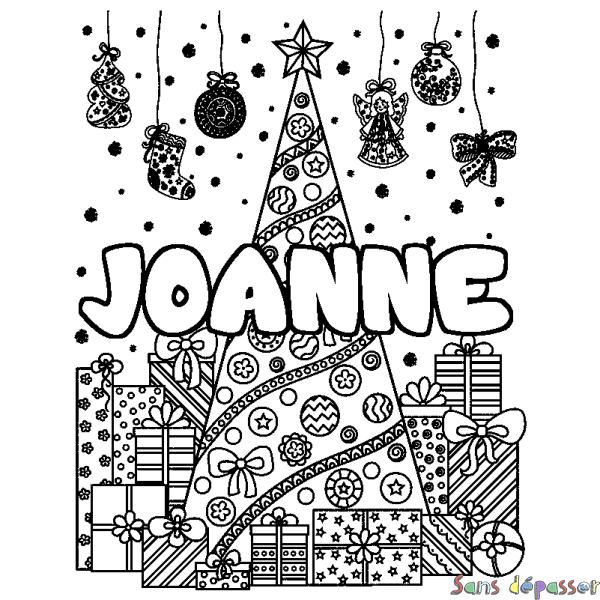 Coloriage pr&eacute;nom JOANNE - d&eacute;cor Sapin et Cadeaux