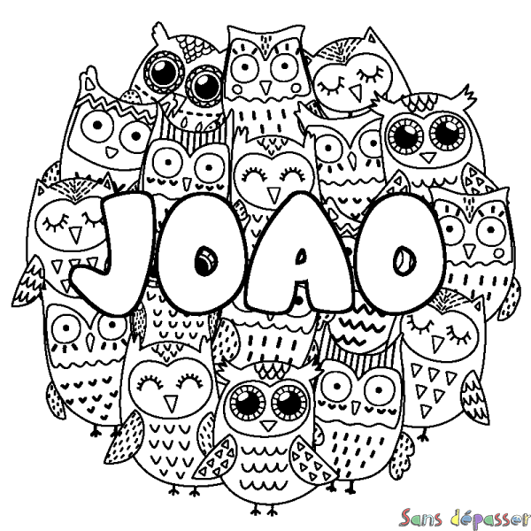 Coloriage pr&eacute;nom JOAO - d&eacute;cor Chouettes