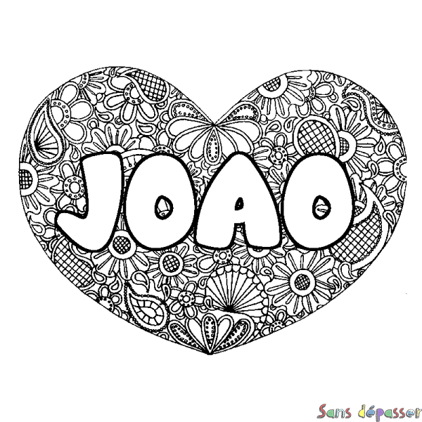 Coloriage pr&eacute;nom JOAO - d&eacute;cor Mandala coeur