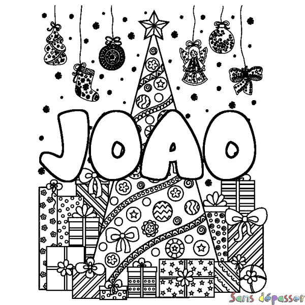 Coloriage prénom JOAO - d&eacute;cor Sapin et Cadeaux