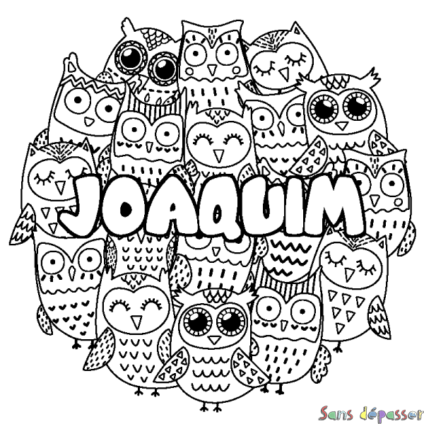 Coloriage pr&eacute;nom JOAQUIM - d&eacute;cor Chouettes