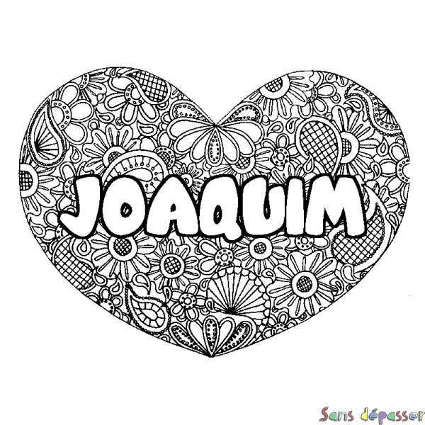 Coloriage pr&eacute;nom JOAQUIM - d&eacute;cor Mandala coeur
