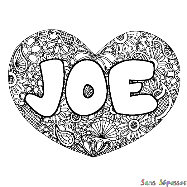 Coloriage pr&eacute;nom JOE - d&eacute;cor Mandala coeur