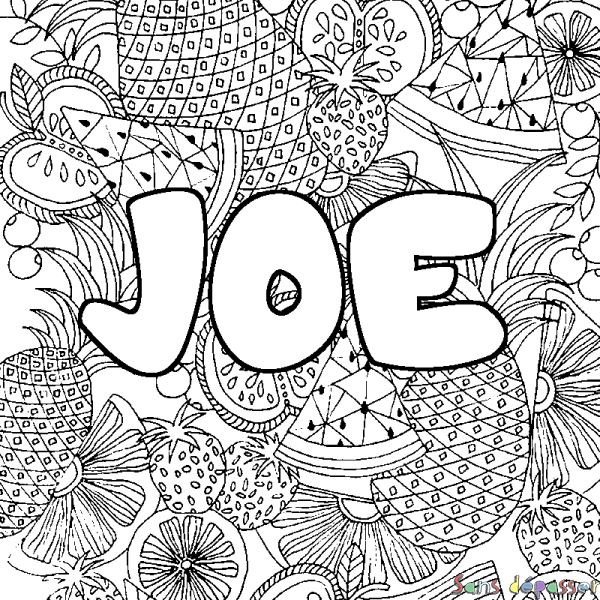 Coloriage pr&eacute;nom JOE - d&eacute;cor Mandala fruits