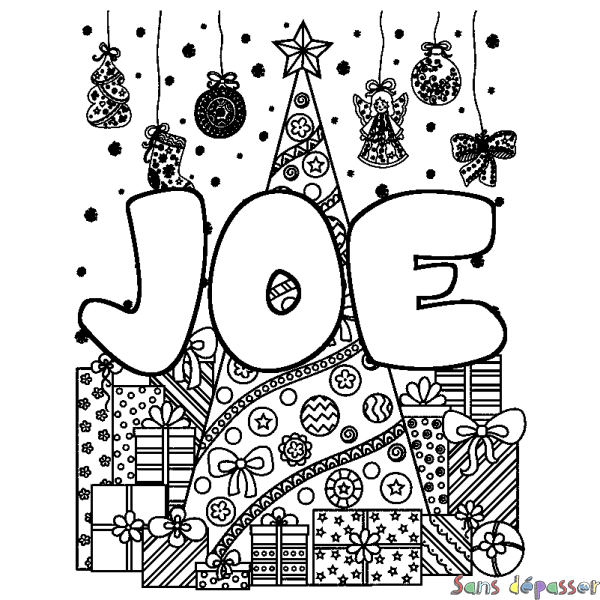 Coloriage pr&eacute;nom JOE - d&eacute;cor Sapin et Cadeaux