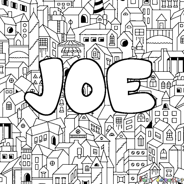 Coloriage pr&eacute;nom JOE - d&eacute;cor Ville