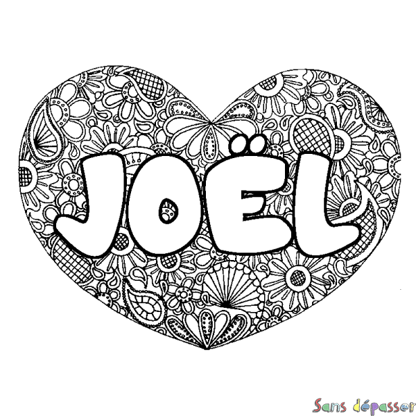 Coloriage pr&eacute;nom JO&Euml;L - d&eacute;cor Mandala coeur