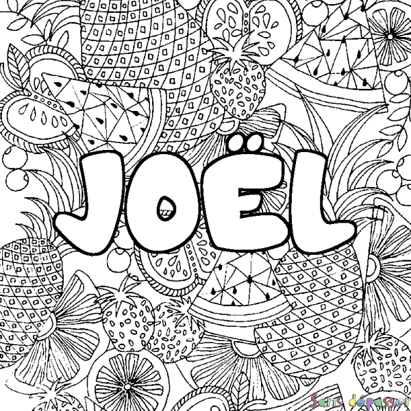 Coloriage pr&eacute;nom JO&Euml;L - d&eacute;cor Mandala fruits