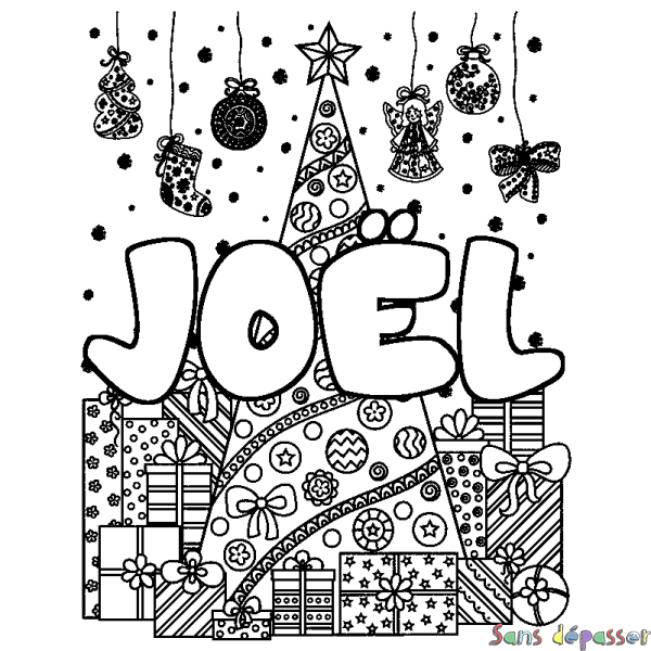 Coloriage pr&eacute;nom JO&Euml;L - d&eacute;cor Sapin et Cadeaux