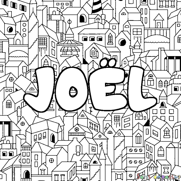 Coloriage pr&eacute;nom JO&Euml;L - d&eacute;cor Ville