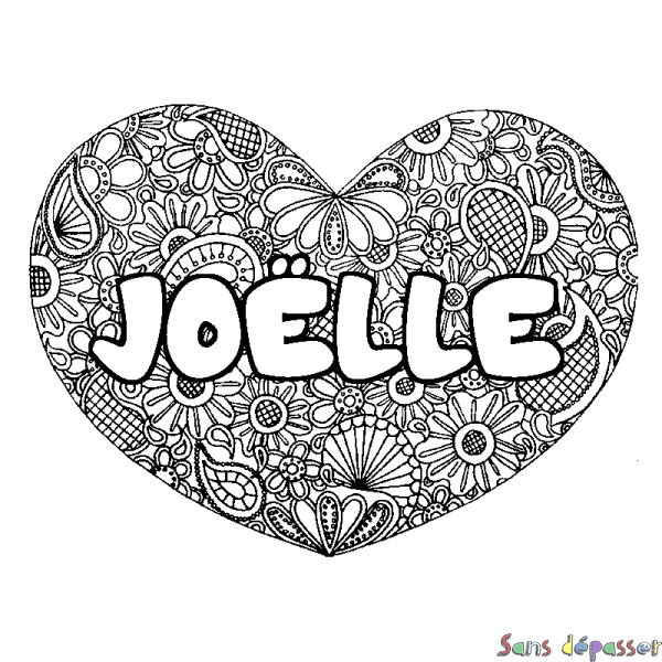 Coloriage pr&eacute;nom JO&Euml;LLE - d&eacute;cor Mandala coeur