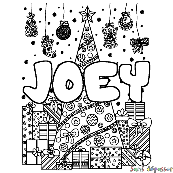 Coloriage pr&eacute;nom JOEY - d&eacute;cor Sapin et Cadeaux