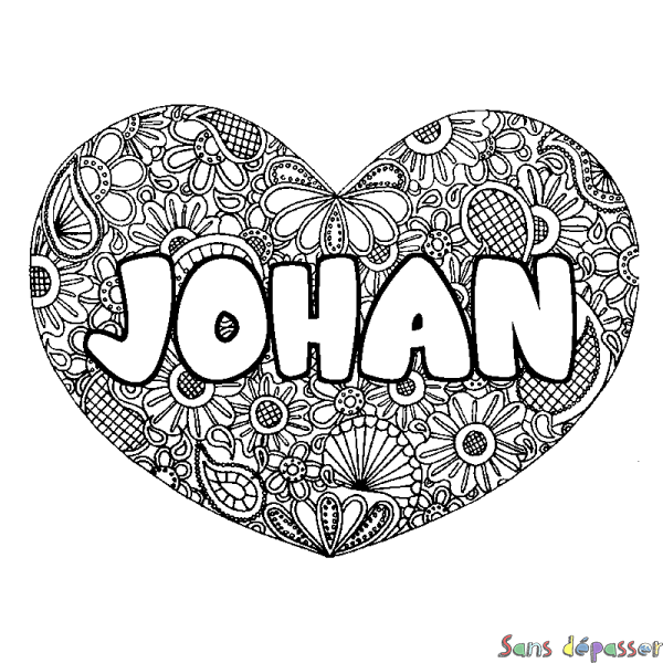 Coloriage pr&eacute;nom JOHAN - d&eacute;cor Mandala coeur