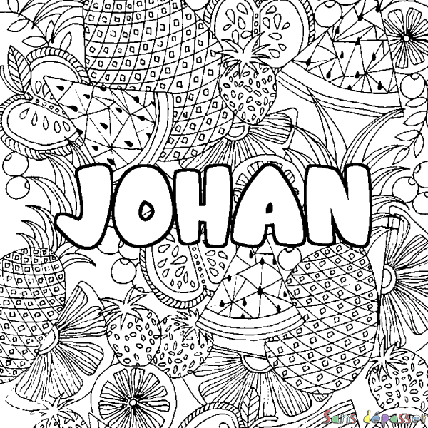 Coloriage pr&eacute;nom JOHAN - d&eacute;cor Mandala fruits