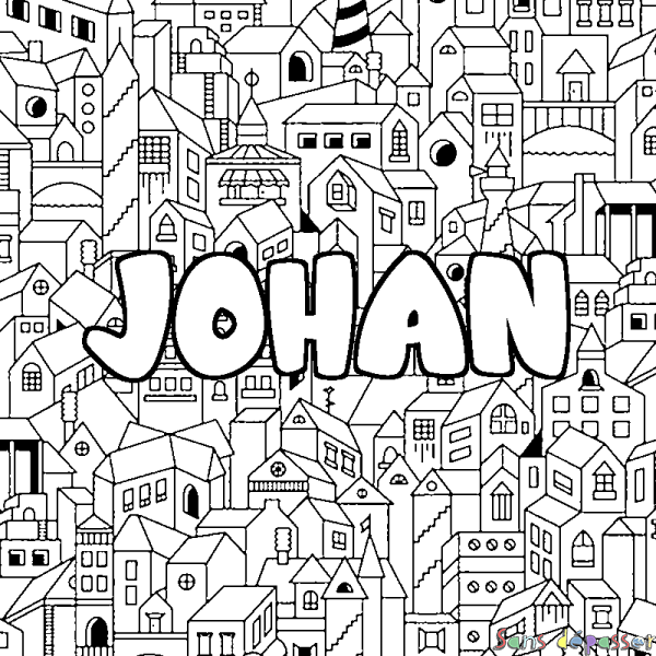 Coloriage pr&eacute;nom JOHAN - d&eacute;cor Ville