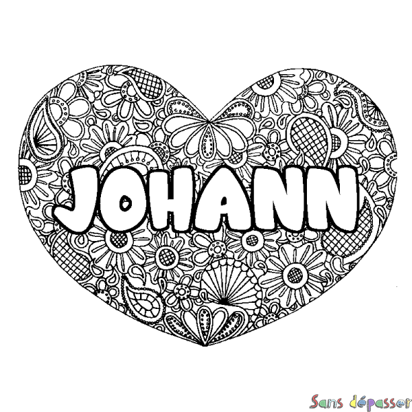 Coloriage pr&eacute;nom JOHANN - d&eacute;cor Mandala coeur