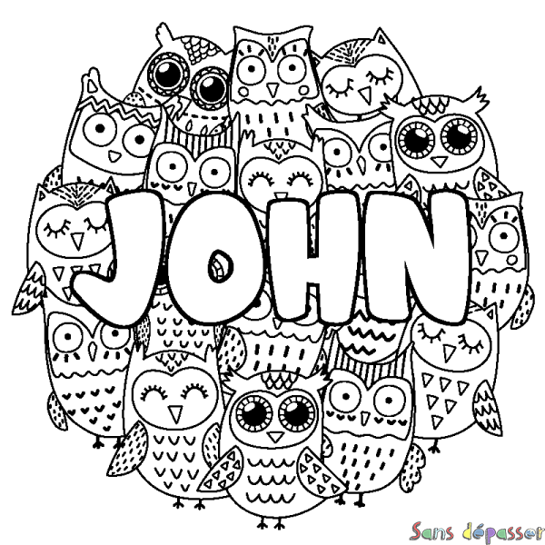 Coloriage pr&eacute;nom JOHN - d&eacute;cor Chouettes