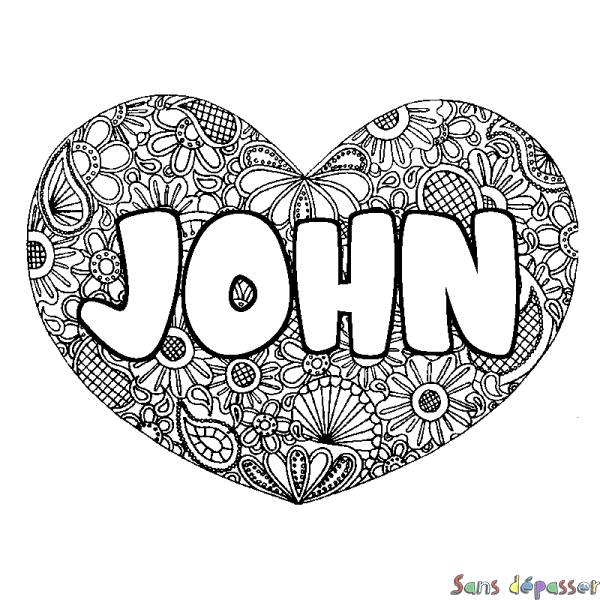 Coloriage pr&eacute;nom JOHN - d&eacute;cor Mandala coeur