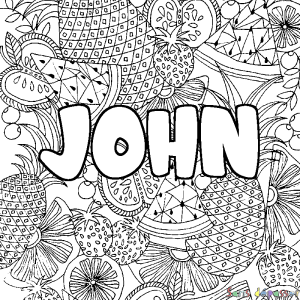 Coloriage pr&eacute;nom JOHN - d&eacute;cor Mandala fruits