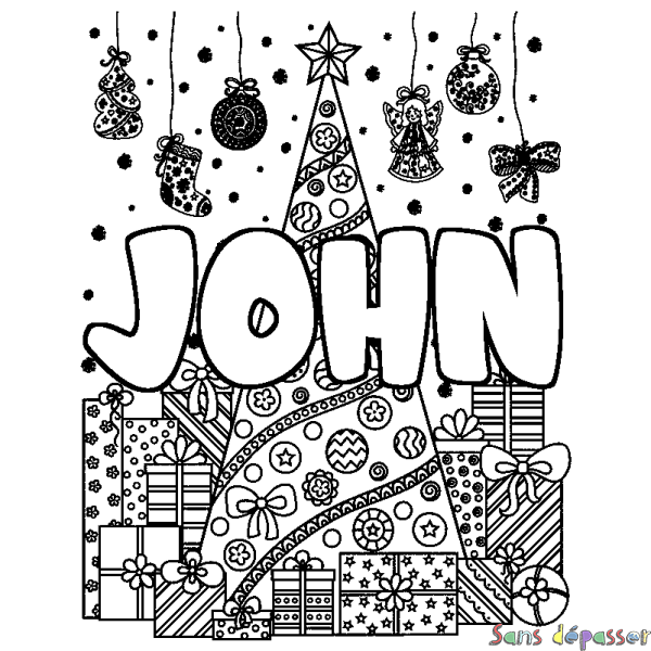 Coloriage prénom JOHN - d&eacute;cor Sapin et Cadeaux