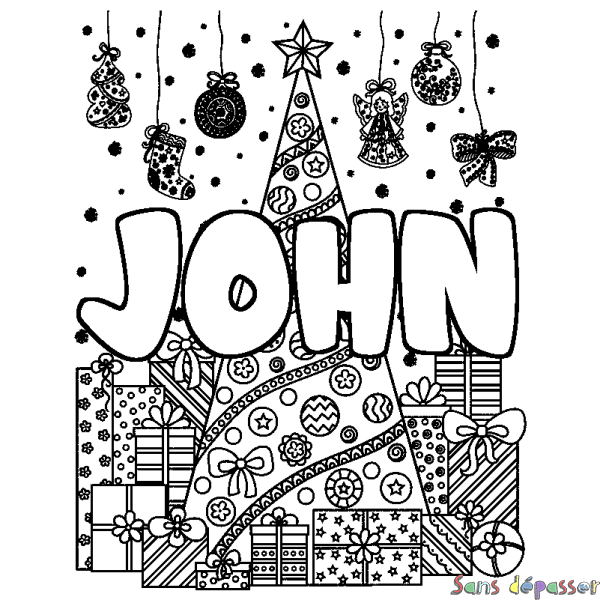 Coloriage pr&eacute;nom JOHN - d&eacute;cor Sapin et Cadeaux
