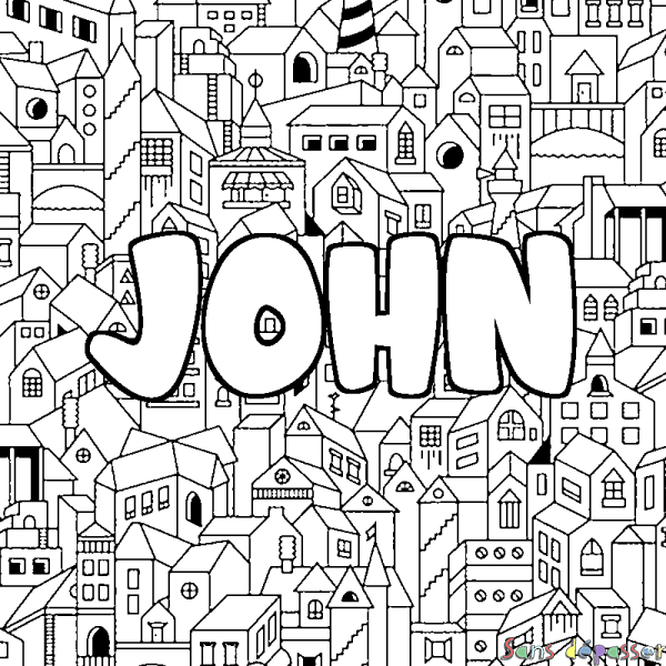 Coloriage pr&eacute;nom JOHN - d&eacute;cor Ville