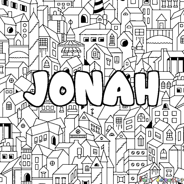 Coloriage pr&eacute;nom JONAH - d&eacute;cor Ville