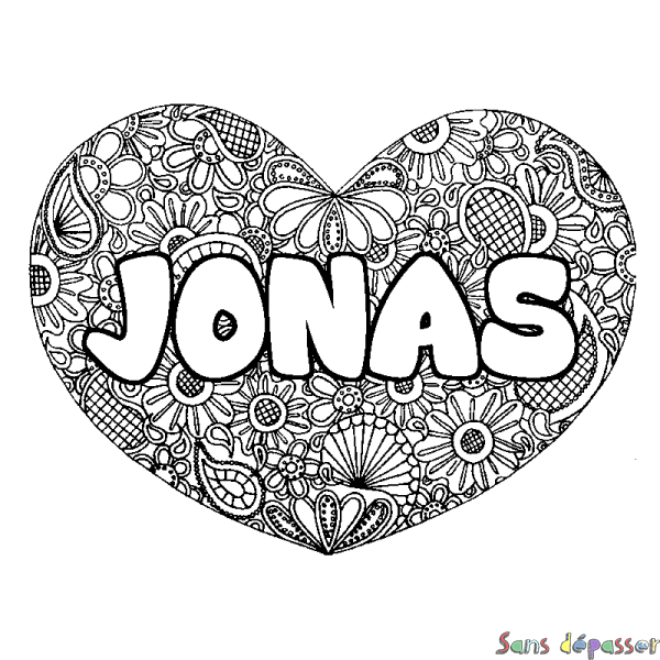 Coloriage pr&eacute;nom JONAS - d&eacute;cor Mandala coeur