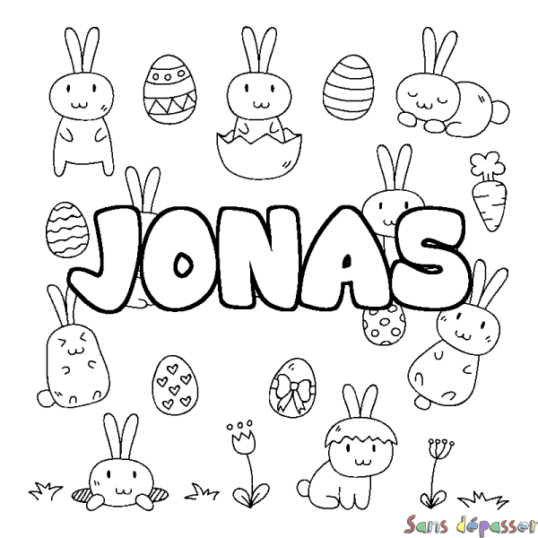 Coloriage pr&eacute;nom JONAS - d&eacute;cor Paques