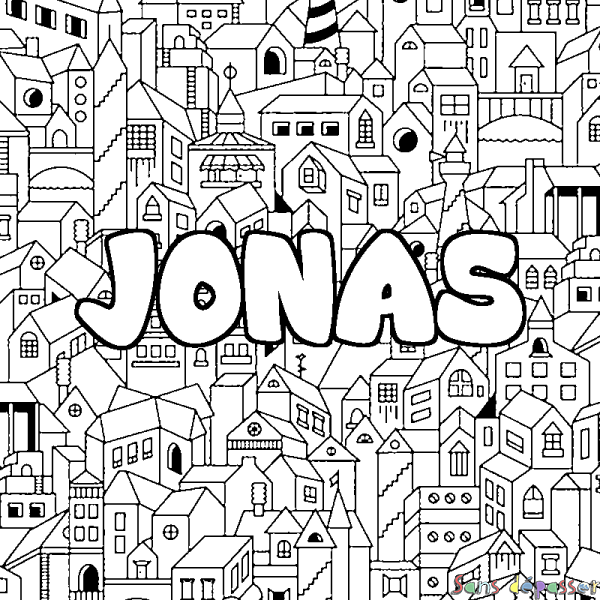 Coloriage pr&eacute;nom JONAS - d&eacute;cor Ville