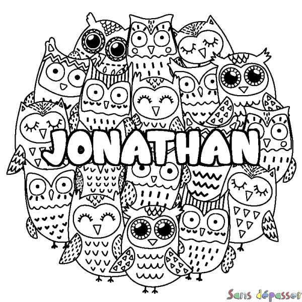 Coloriage prénom JONATHAN - d&eacute;cor Chouettes